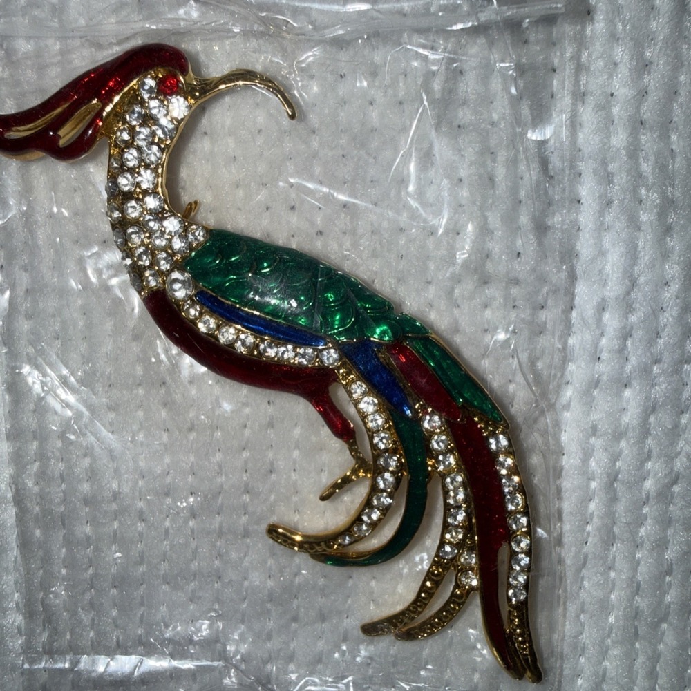 Peacock Gold Tone Enamel‎ Brooch Pin Multicolored Rhinestones Vtg Fashionable
